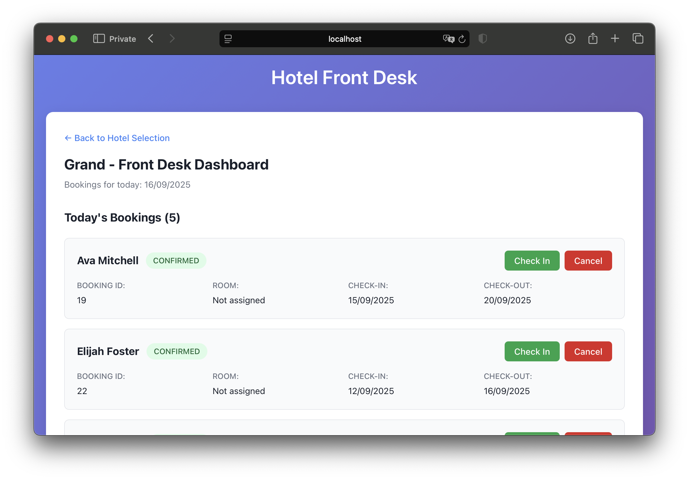 Front desk app main screen